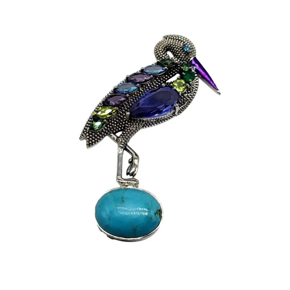 Nicky Butler Rare Heron Brooch Pendant Turquoise & Gemstone .925 Sterling SIlver - Picture 9 of 12